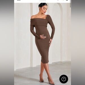 HEARTBEAT CHOCOLATE ONE-SHOULDER LONG-SLEEVED MATERNITY MIDI DRESS